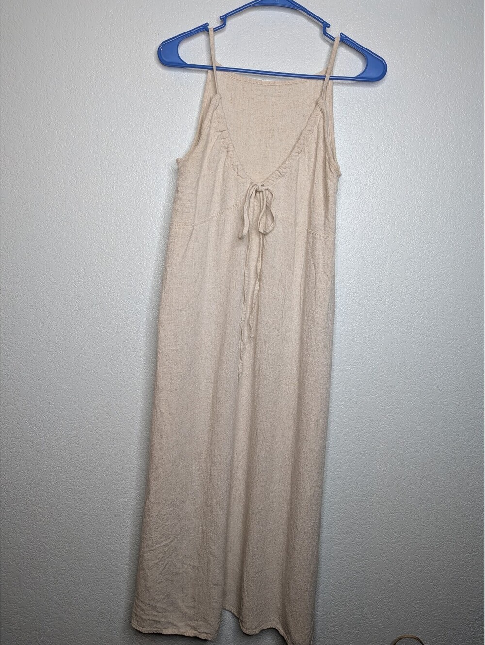 Beige Linen Blend Maxi Dress Tie Front Ruffle Spaghetti Strap Boho